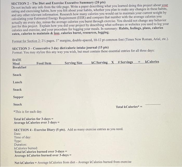 Diet Exercise Journal Project Grading 50 Pts Includes Grammar Spelling And Formatting I Will Not Consider Factors 2