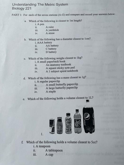 Understanding The Metric System Biology 221 Part 1 For Each Of The Seven Stations A G And Compare And Record Your Ans 1