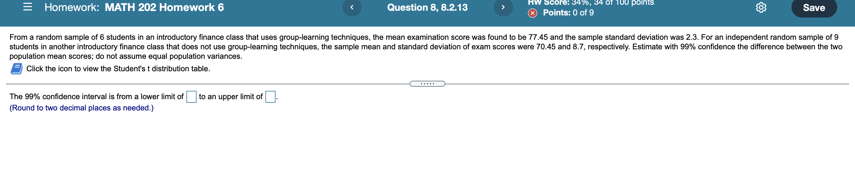 Homework Math 202 Homework 6 Question 8 8 2 13 Hw Score 34 34 Of 100 Points Points 0 Of 9 Save From A Random Sampl 1