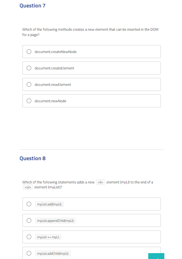 Question 7 Which Of The Following Methods Creates A New Element That Can Be Inserted In The Dom For A Page Document Cre 1