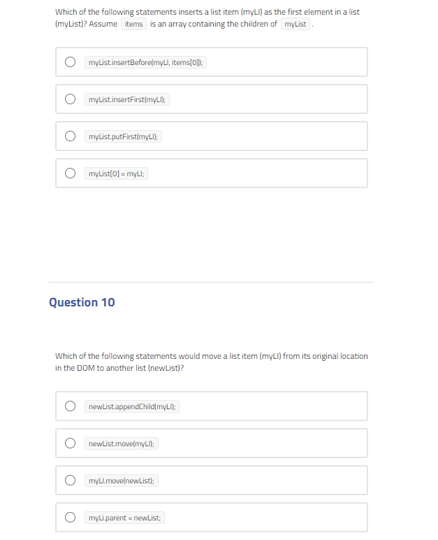 Question 7 Which Of The Following Methods Creates A New Element That Can Be Inserted In The Dom For A Page Document Cre 2