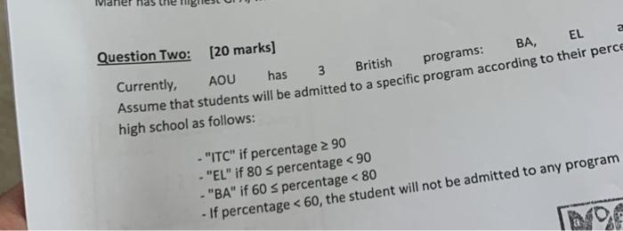 Nas Question Two 20 Marks A Aqu Has 3 British Programs El Ba Currently Assume That Students Will Be Admitted To A 1