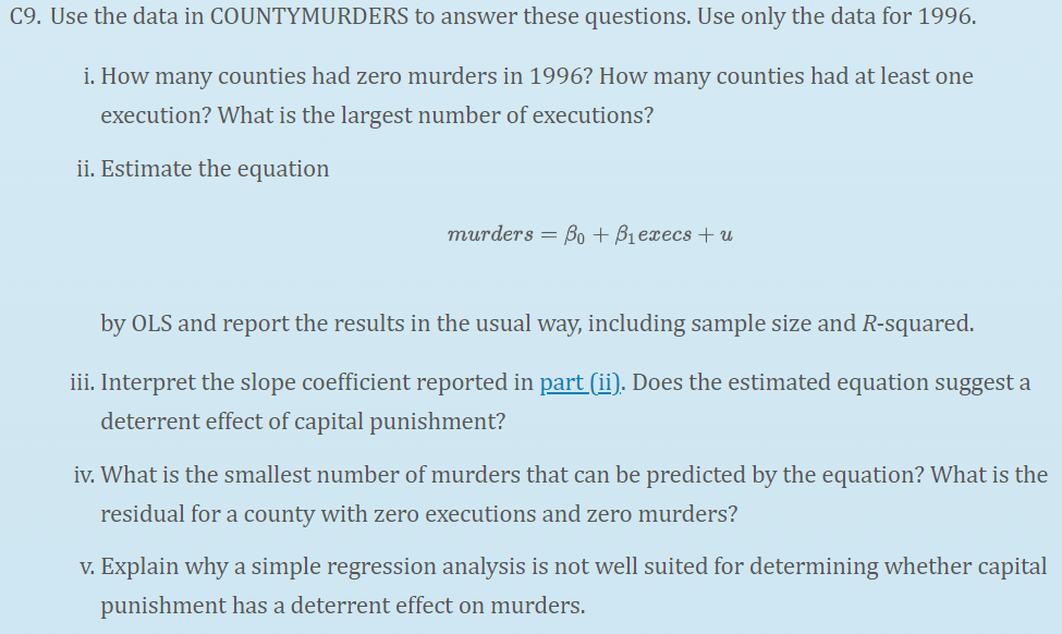 C9 Use The Data In Countymurders To Answer These Questions Use Only The Data For 1996 I How Many Counties Had Zero M 1