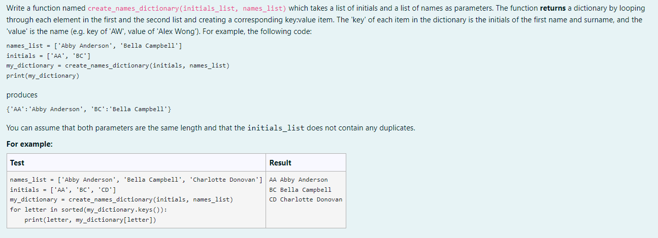 Write A Function Named Create Names Dictionary Initials List Names List Which Takes A List Of Initials And A List Of 1