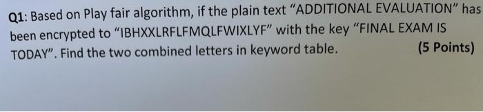 Q1 Based On Play Fair Algorithm If The Plain Text Additional Evaluation Has Been Encrypted To Ibhxxlrflfmqlfwixlyf 1