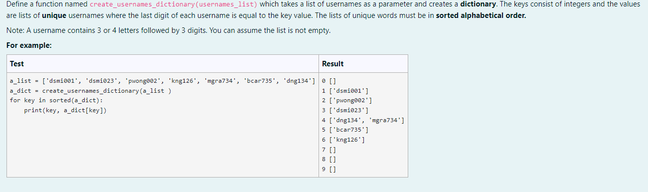 Define A Function Named Create Usernames Dictionary Usernames List Which Takes A List Of Usernames As A Parameter And 1