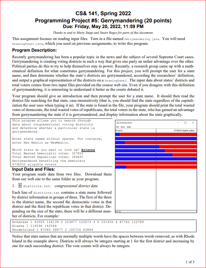 Cs 141 Spring 2022 Programming Project 5 Gerrymandering 20 Points Due Friday May 20 2022 11 59 Pm Thanks To A 1