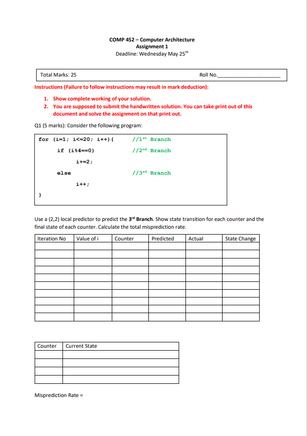 Comp 452 Computer Architecture Assignment 1 Deadline Wednesday May 25th Total Marks 25 Roll No Instructions Failur 1