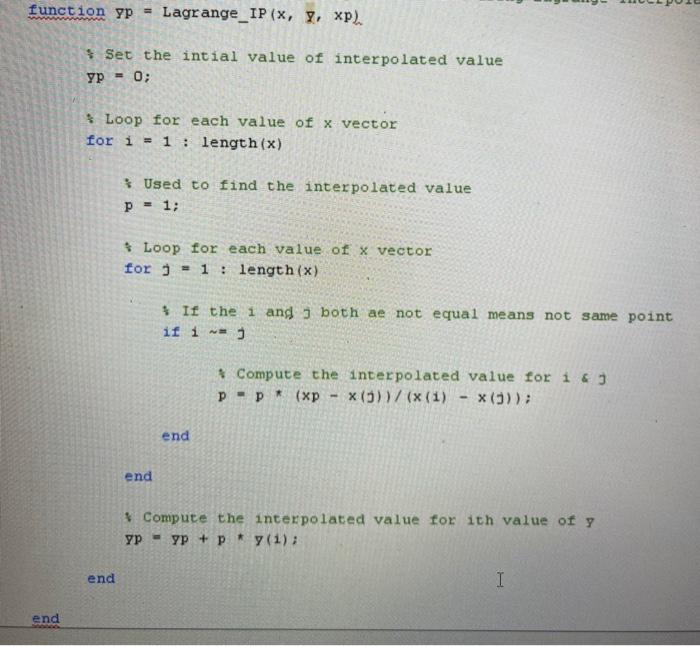 Function Yp Lagrange Ip X Y Xp End Set The Intial Value Of Interpolated Value Yp 0 Loop For Each Value Of X Vec 1