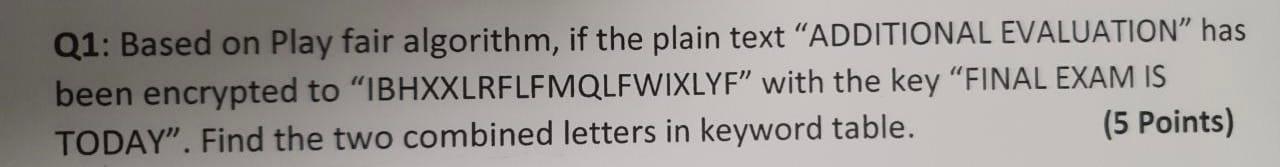 Q1 Based On Play Fair Algorithm If The Plain Text Additional Evaluation Has Been Encrypted To Ibhxxlrflfmqlfwixlyf 1