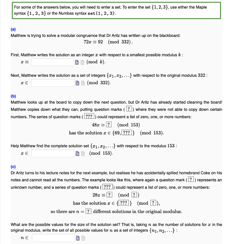 For Some Of The Answers Below You Will Need To Enter A Set To Enter The Set 1 2 3 Use Either The Maple Syntax 1 1