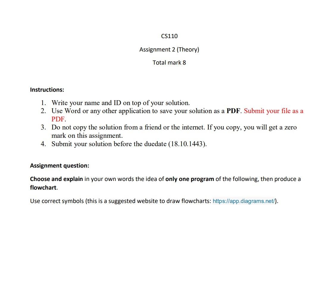 Cs110 Assignment 2 Theory Total Mark 8 Instructions 1 Write Your Name And Id On Top Of Your Solution 2 Use Word Or 1