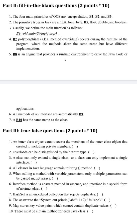 Part Ii Fill In The Blank Questions 2 Points 10 1 The Four Main Principles Of Oop Are Encapsulation B1 B2 And 1