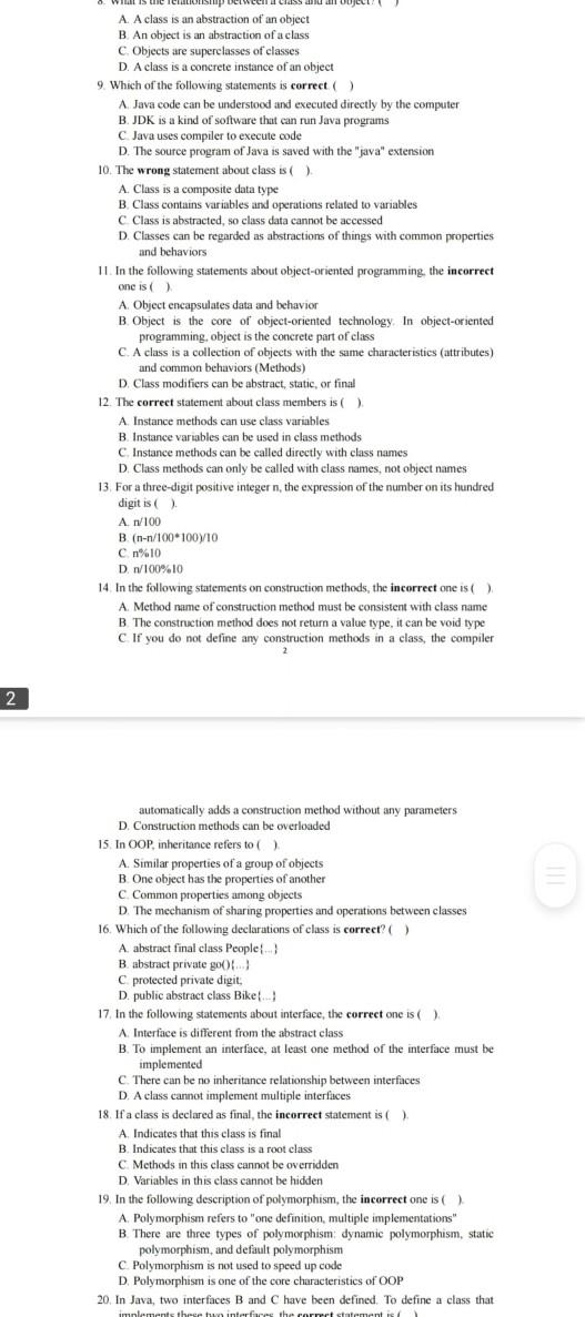 2 What Is The Relationship Between A Class And An Object A A Class Is An Abstraction Of An Object B An Object Is An Ab 1