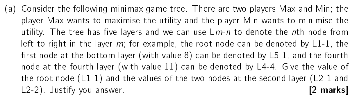 A Consider The Following Minimax Game Tree There Are Two Players Max And Min The Player Max Wants To Maximise The Ut 1