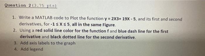 Question 2 3 75 Pts 1 Write A Matlab Code To Plot The Function Y 2x3 19x 5 And Its First And Second Derivatives 1