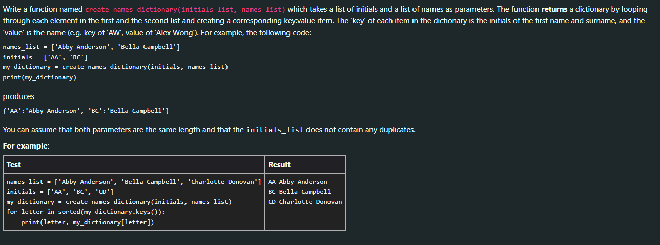 Write A Function Named Create Names Dictionary Initials List Names List Which Takes A List Of Initials And A List Of 1