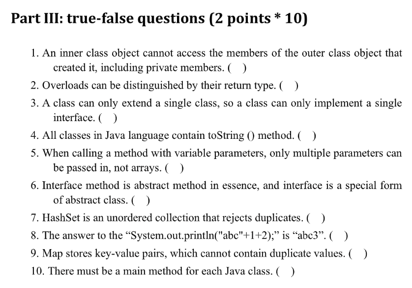 Part Iii True False Questions 2 Points 10 1 An Inner Class Object Cannot Access The Members Of The Outer Class Obj 1