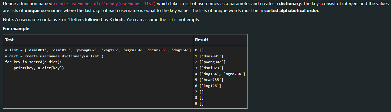 Define A Function Named Create Usernames Dictionary Usernames List Which Takes A List Of Usernames As A Parameter And 1