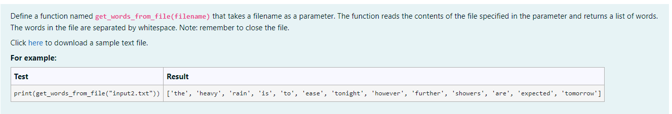 Define A Function Named Get Words From File Filename That Takes A Filename As A Parameter The Function Reads The Conte 1
