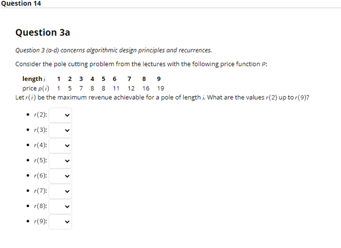 Question 14 Question 3a Question 3 A D Concerns Algorithmic Design Principles And Recurrences Consider The Pole Cutti 1