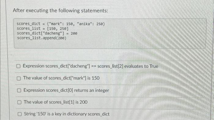 After Executing The Following Statements Scores Dict Mark 150 Anika 250 Scores List 150 250 Scores Dict 1