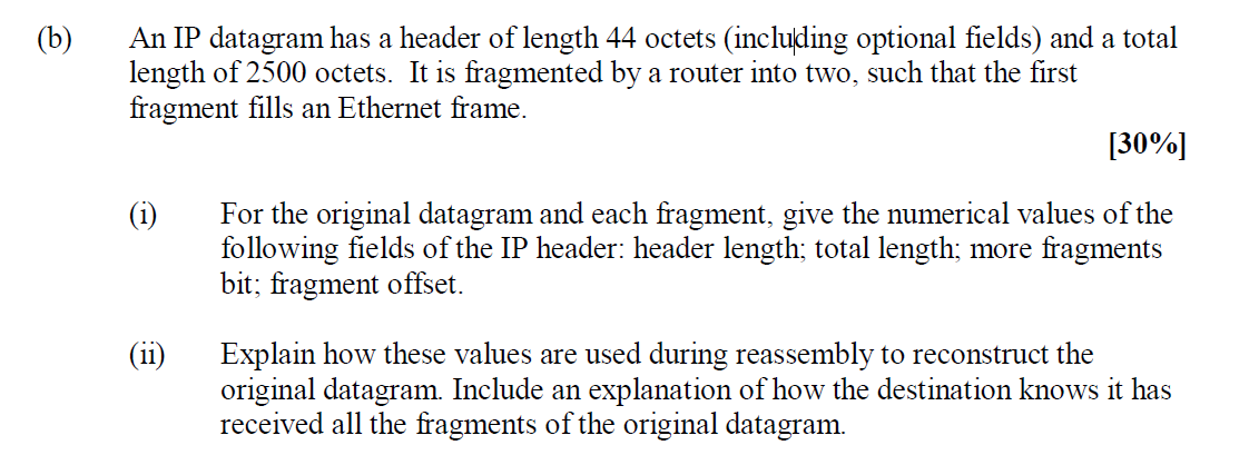 B An Ip Datagram Has A Header Of Length 44 Octets Including Optional Fields And A Total Length Of 2500 Octets It Is 1