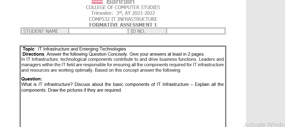 Banrain College Of Computer Studies Trimester 3rd Ay 2021 2022 Comp532 It Infrastructure Formative Assessment 1 Id No 1