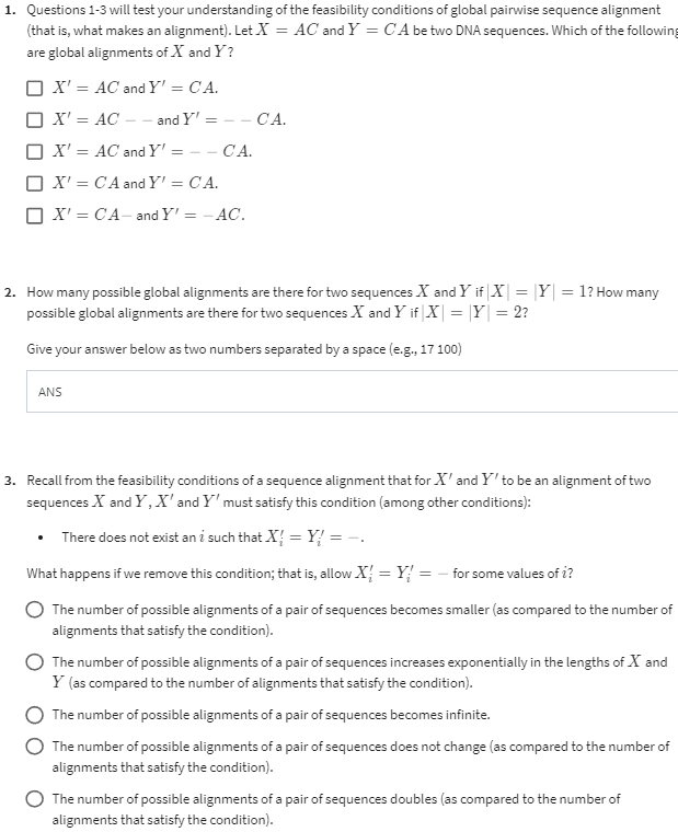 1 Questions 1 3 Will Test Your Understanding Of The Feasibility Conditions Of Global Pairwise Sequence Alignment That 1
