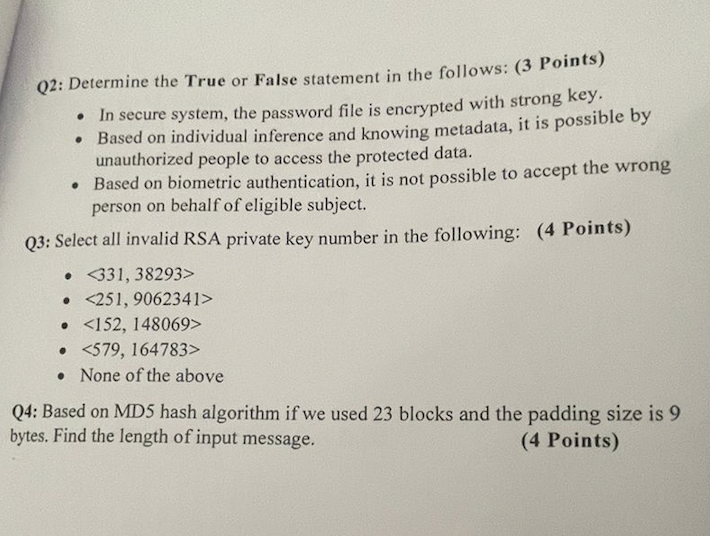 Q2 Determine The True Or False Statement In The Follows 3 Points In Secure System The Password File Is Encrypted 1