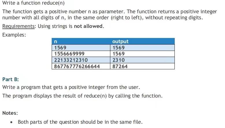 Write A Function Reduce N The Function Gets A Positive Number N As Parameter The Function Returns A Positive Integer N 1