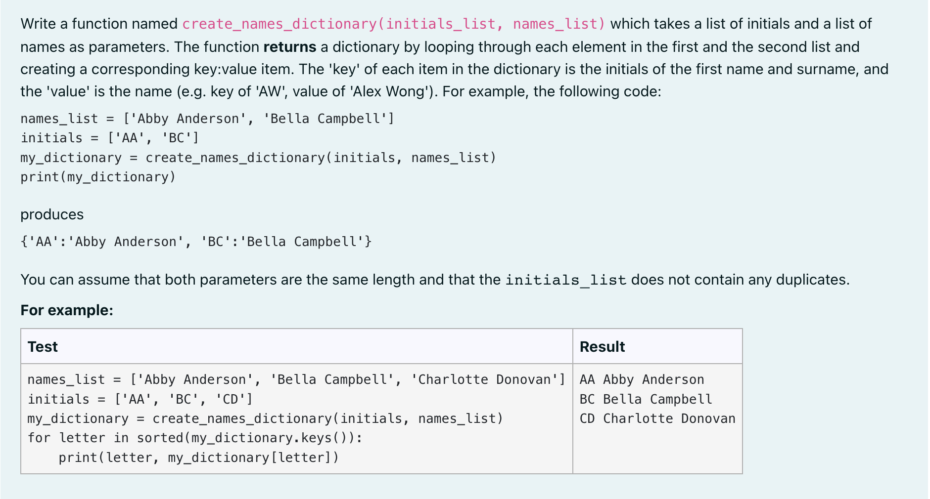 Create Names Dictionary Initials List Names List Which Takes A List Of Initials And A List Of Write A Function Named N 1