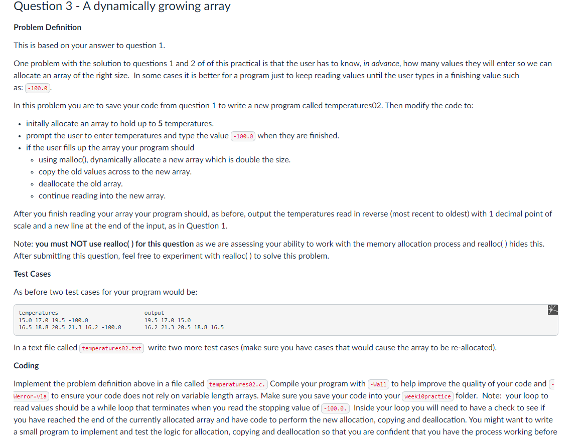 Question 3 A Dynamically Growing Array Problem Definition This Is Based On Your Answer To Question 1 One Problem With 1