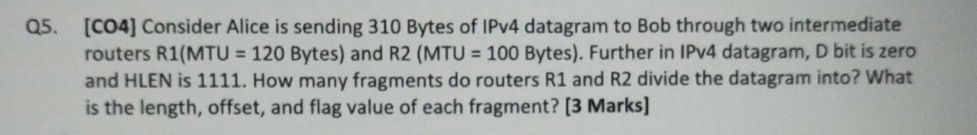 Q5 Co4 Consider Alice Is Sending 310 Bytes Of Ipv4 Datagram To Bob Through Two Intermediate Routers R1 Mtu 120 Byte 1
