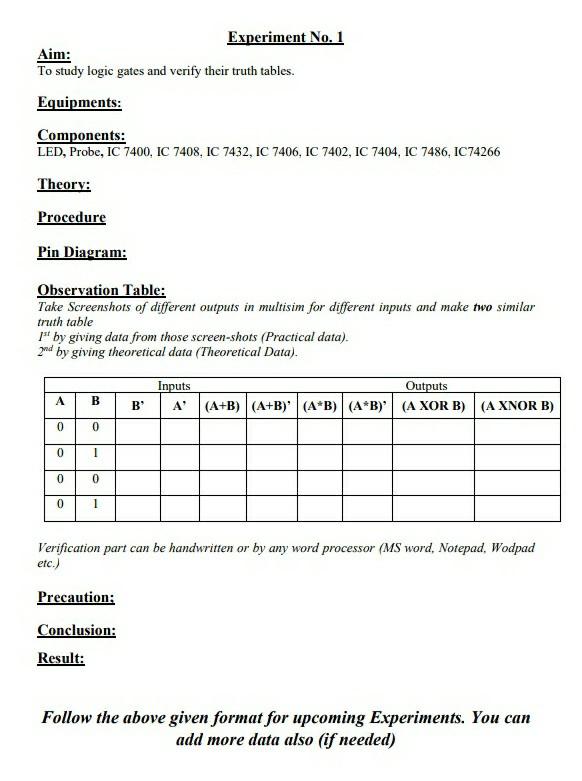 Experiment No 1 Aim To Study Logic Gates And Verify Their Truth Tables Equipments Components Led Probe Ic 7400 I 1