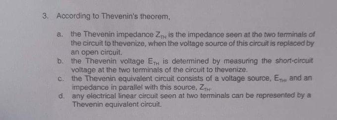 3 According To Thevenin S Theorem A The Thevenin Impedance Zth Is The Impedance Seen At The Two Terminals Of The Circ 1