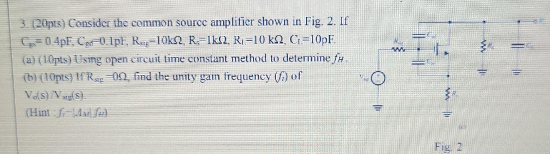 3 20pts Consider The Common Source Amplifier Shown In Fig 2 If Cs 0 4pf C 0 1pf Reg 10kq R 1kn R 10 Kn C 10 1