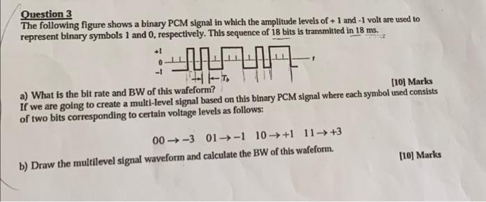 Question 3 The Following Figure Shows A Binary Pcm Signal In Which The Amplitude Levels Of 1 And 1 Volt Are Used To Re 1