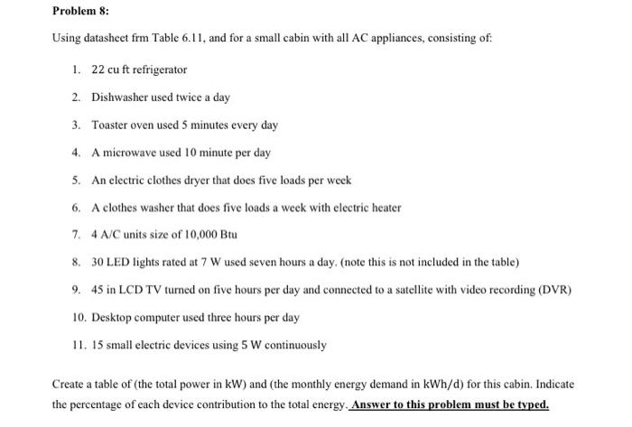 Problem 8 Using Datasheet Frm Table 6 11 And For A Small Cabin With All Ac Appliances Consisting Of 1 22 Cu Ft Refr 1