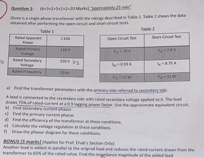 Question 1 6 3 2 5 2 2 20 Marks Approximtly 25 Min Given Is A Single Phase Transformer With The Ratings Described I 1