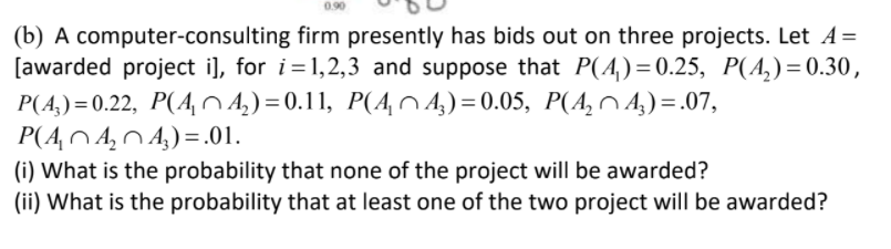0 90 B A Computer Consulting Firm Presently Has Bids Out On Three Projects Let A Awarded Project I For I 1 2 3 An 1