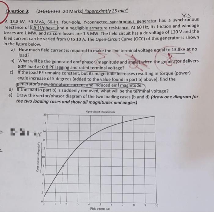 Question 3 2 6 6 3 3 20 Marks Approximtly 25 Min Vs A 13 8 Kv 50 Mva 60 Hz Four Pole Y Connected Synchronous Ge 1