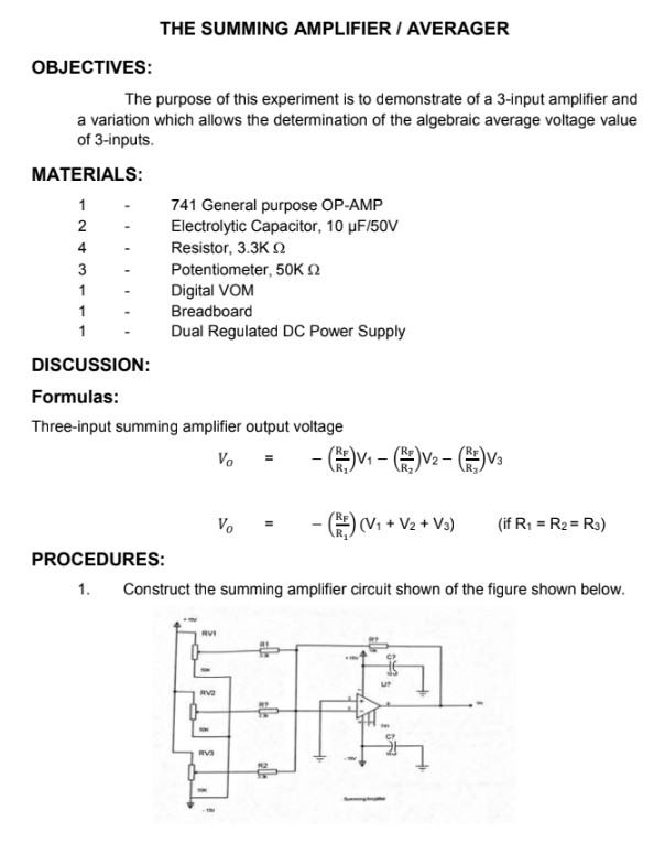 The Summing Amplifier Averager Objectives The Purpose Of This Experiment Is To Demonstrate Of A 3 Input Amplifier And 1