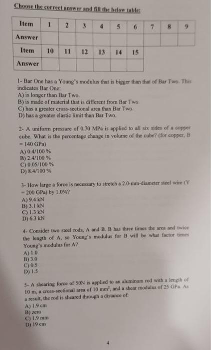 Choose The Correct Answer And Fill The Below Table Item 1 23 4 5 6 7 8 9 Answer Item 10 11 12 13 14 15 Answer 1 Bar 1