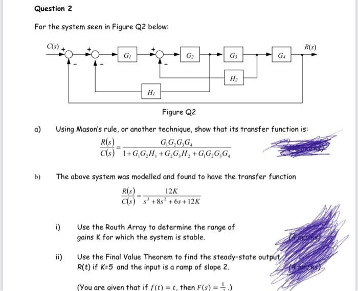 Question 2 For The System Seen In Figure Q2 Below C S G G G3 G4 H H Figure Q2 A Using Mason S Rule Or Another Te 1