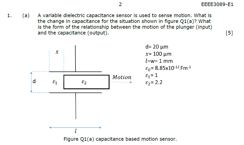 1 2 A A Variable Dielectric Capacitance Sensor Is Used To Sense Motion What Is The Change In Capacitance For The Sit 1