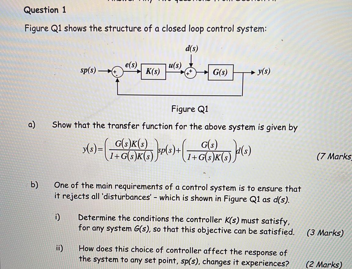 Question 1 Figure Q1 Shows The Structure Of A Closed Loop Control System D S E S U S Sp S K S G S Y S Figu 1