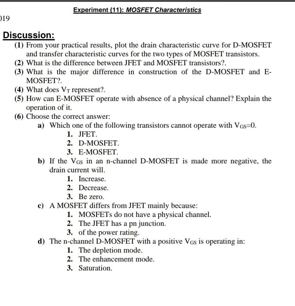 Experiment 11 Mosfet Characteristics 019 Discussion 1 From Your Practical Results Plot The Drain Characteristic C 1