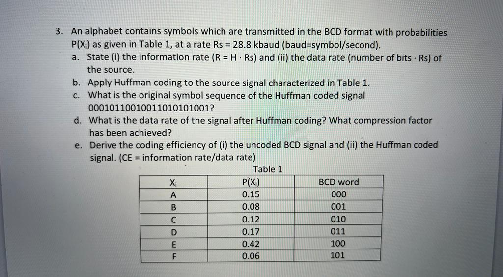 3 An Alphabet Contains Symbols Which Are Transmitted In The Bcd Format With Probabilities P X As Given In Table 1 At 1