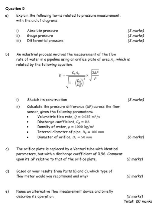 Question 5 A Explain The Following Terms Related To Pressure Measurement With The Aid Of Diagrams I Absolute Pressur 1